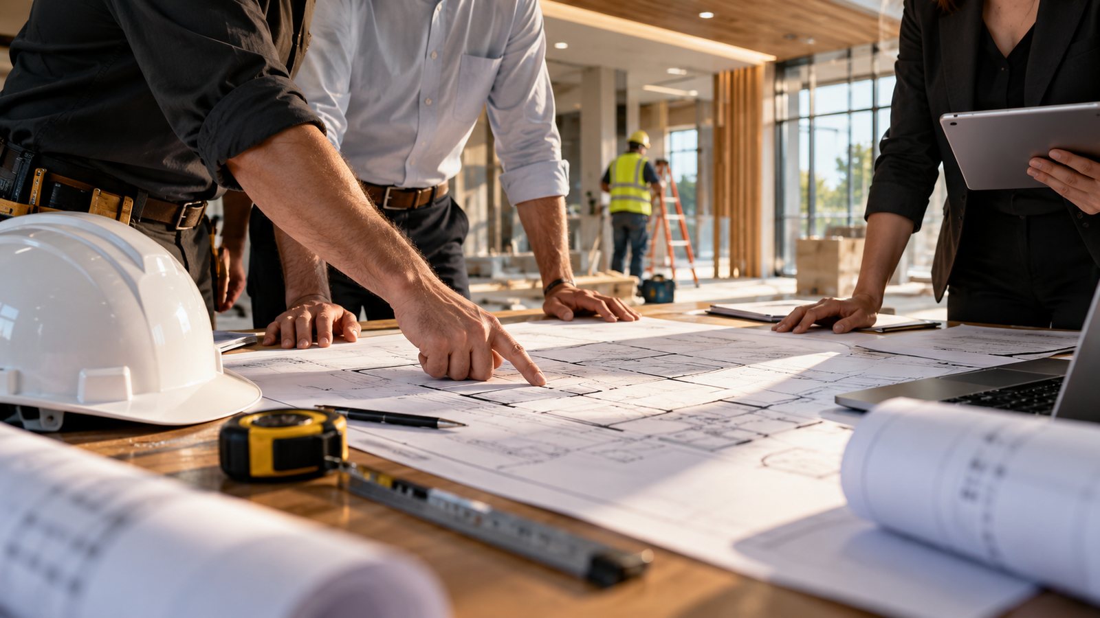 Construction planning team reviewing drawings for a commercial interior project